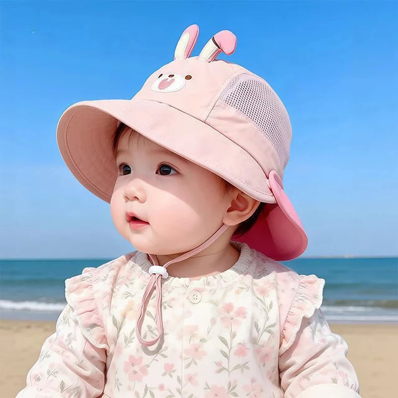 Cartoon Sunshade Baby Beach Hat Cute Bear Rabbit Ears Boys Girls Sun Visor Cap Summer Outdoor Breathable Mesh Panama Hats