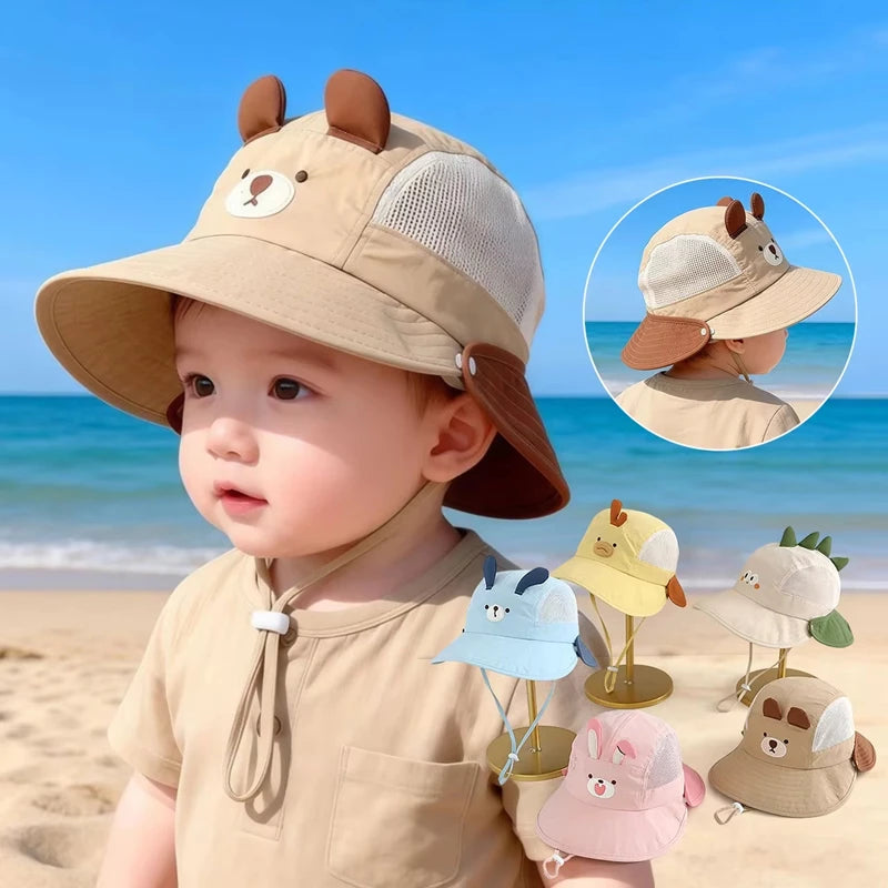Cartoon Sunshade Baby Beach Hat Cute Bear Rabbit Ears Boys Girls Sun Visor Cap Summer Outdoor Breathable Mesh Panama Hats